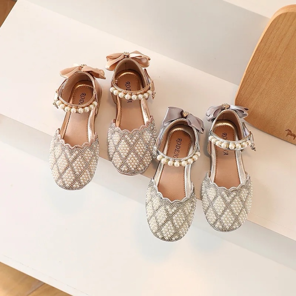 Girls Mary Jane Ballerina Flat Dress Shoes Pearl Rhinestone Glitter flats - Picture 2 of 10